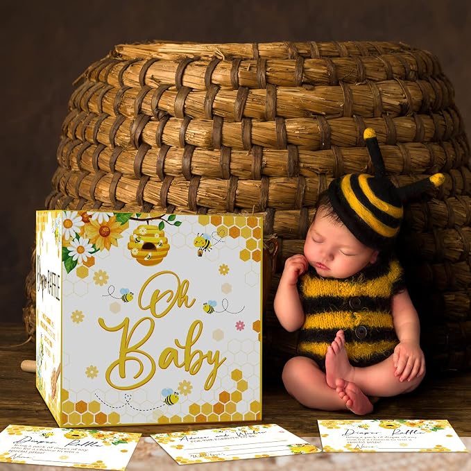Teling 51 Pieces Diaper Raffle Tickets with Card Box Baby Shower Decorations Baby Shower Holder Box for Girl Boy Diaper Raffle Party(Bee)