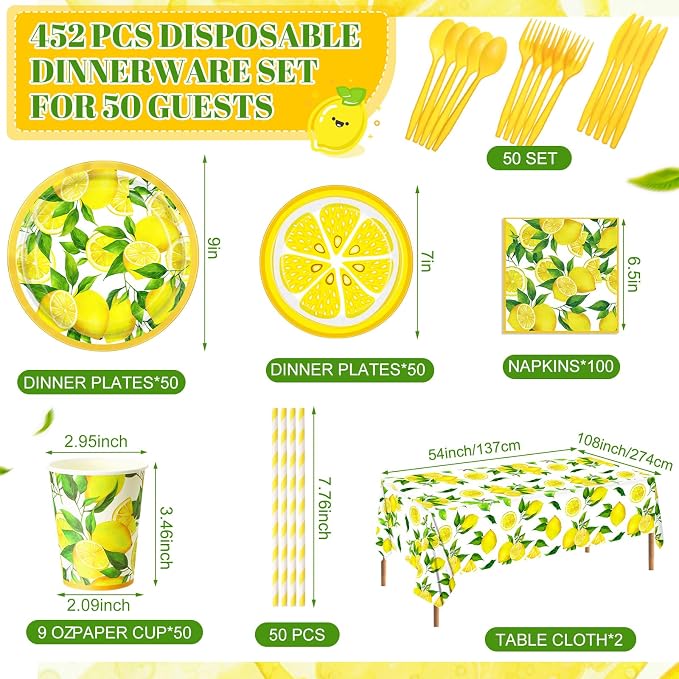 Funnymoom 452 Pcs Lemon Party Decorations, Yellow Lemons Paper Plates Napkins Cups Tablecloth Cutlery Straws for Summer Fruit Theme Birthday Wedding Baby Shower Party Supplies, Serves 50