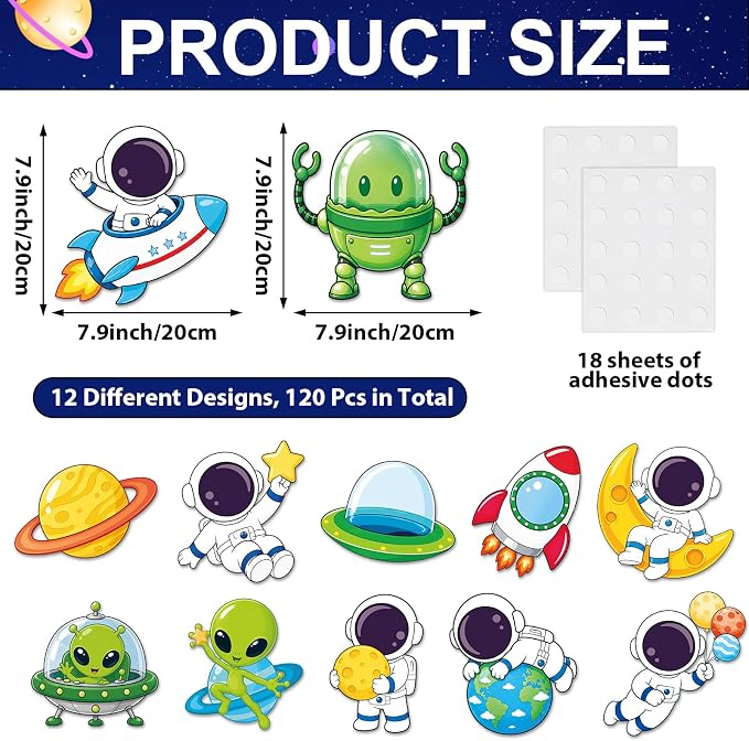 120Pcs Outer Space Theme Cutouts Back to School Bulletin Board Astronaut Alien Paper Cut-Outs Space Themed Classroom Decor for Boy Girl DIY Craft Photo Wall Kindergarten Preschool Party Favor Supplies