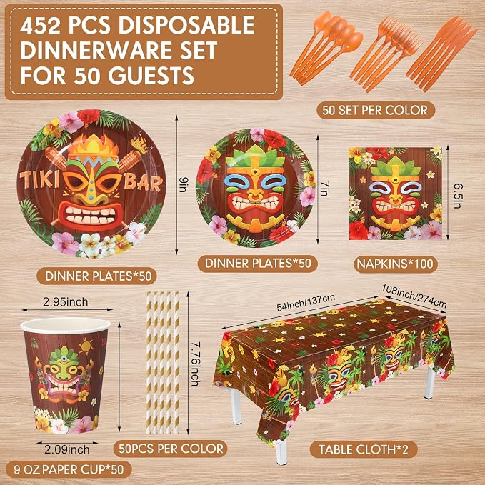 Funnymoom 452 Pcs Hawaiian Tiki Party Decorations Include Tiki Paper Plates Napkins Cups Tablecloth Cutlery Straws Hawaii Luau Party Supplies for Tropical Birthday Party Decorations