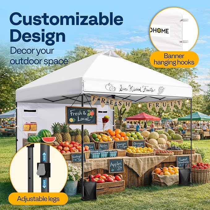 VIVOHOME 10x10ft Pop Up Canopy Tent with Sidewall and 6 Pockets, One Push Setup Outdoor Portable Shelter Tent Heavy Duty with Wheel Carry Bag and 4 Sandbags, White