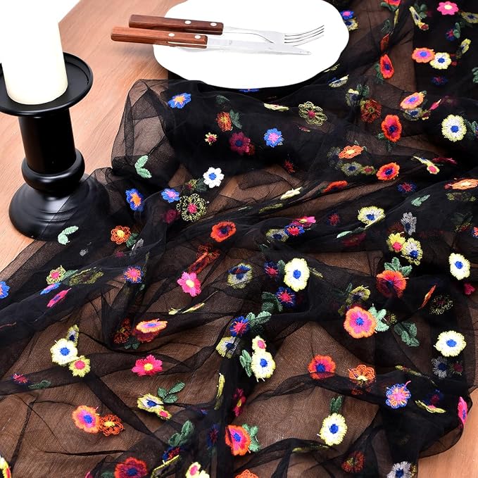 Joanlody Black Summer Flower Table Runner 10ft Embroidery Daisy Floral Seasonal Tulle Table Runner for Home Garden Tea Party Holiday Birthday Decoration