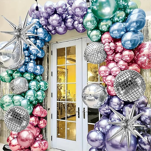 520PCS Metallic Balloon Garland Arch Kit with Chrome Blue Red Purple Silver and Disco Ball Balloons Tattoo for 70s 80s 90s Disco Theme Party New Year Eve Decorations Birthday Party Decor