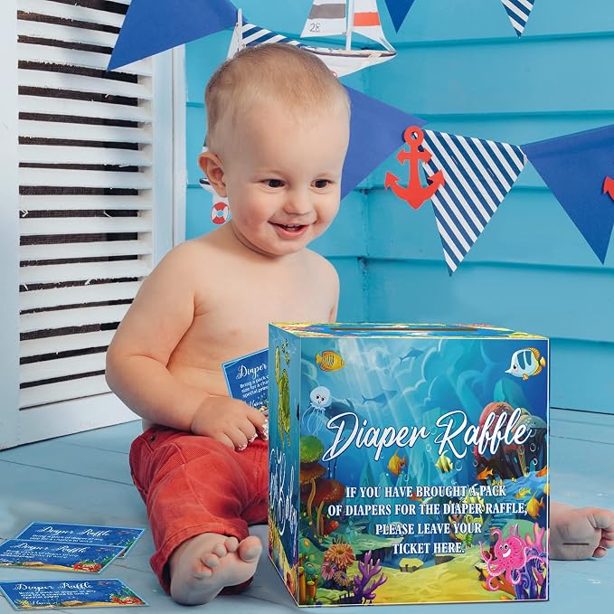 Teling 51 Pieces Diaper Raffle Tickets with Card Box Baby Shower Decorations Baby Shower Holder Box for Girl Boy Diaper Raffle Party(Under the Sea)