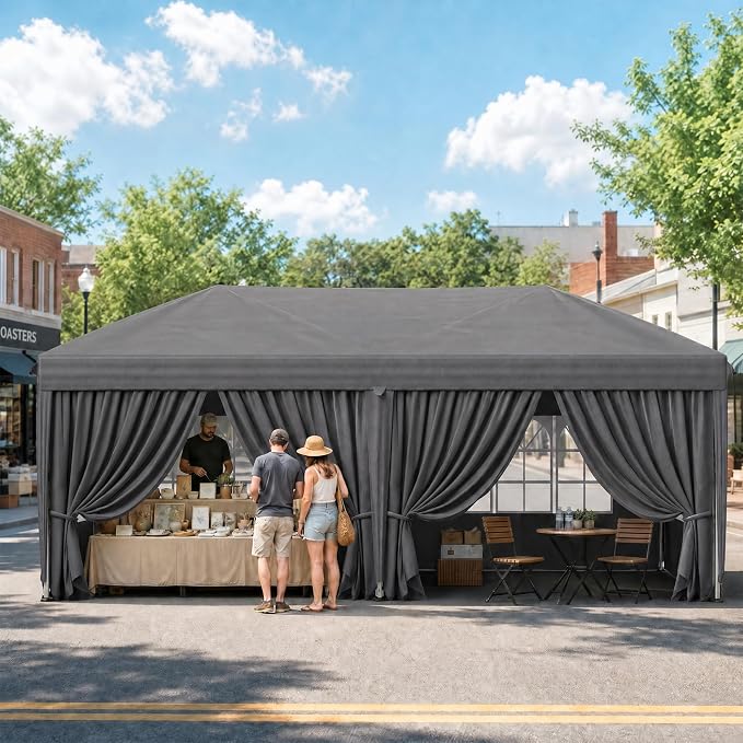 KIGOTY 10x20 FT Portable Pop Up Canopy Tent, Adjustable Height Instant Gazebo with Sidewalls,Sandbags, Waterproof Outdoor Canopy for Camping, Parties, Vendor Events (Grey, 3m × 6m with sidewalls)