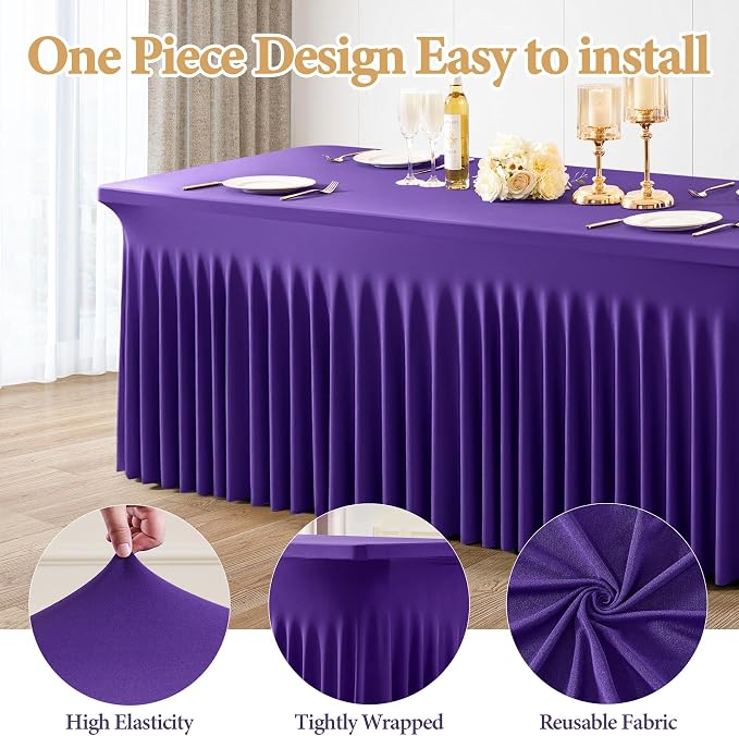 2 Packs Purple Spandex Table Covers 4 Foot, Fitted Stretch Table Cloth with Skirts 48x24 Inch, Wrinkle-Free Floor Length Rectangle Tablecloths for Trade Show Weddings Parties Banquets Events