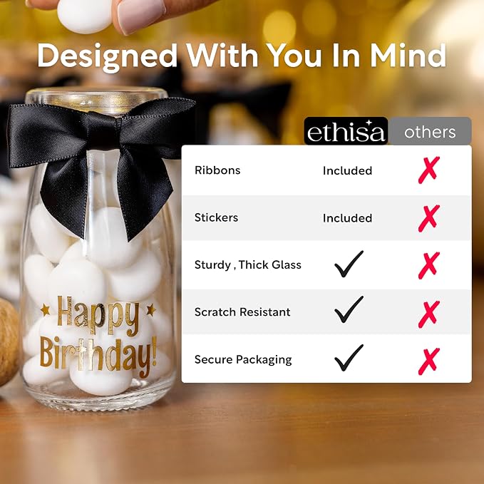 Ethisa Vintage 24 Pack Adult Birthday Party Favors Glass Bottles with Ribbons and Stickers - Classy Happy Birthday Favors and Table Centerpieces Decorations - Sturdy Candy Jar for Guests