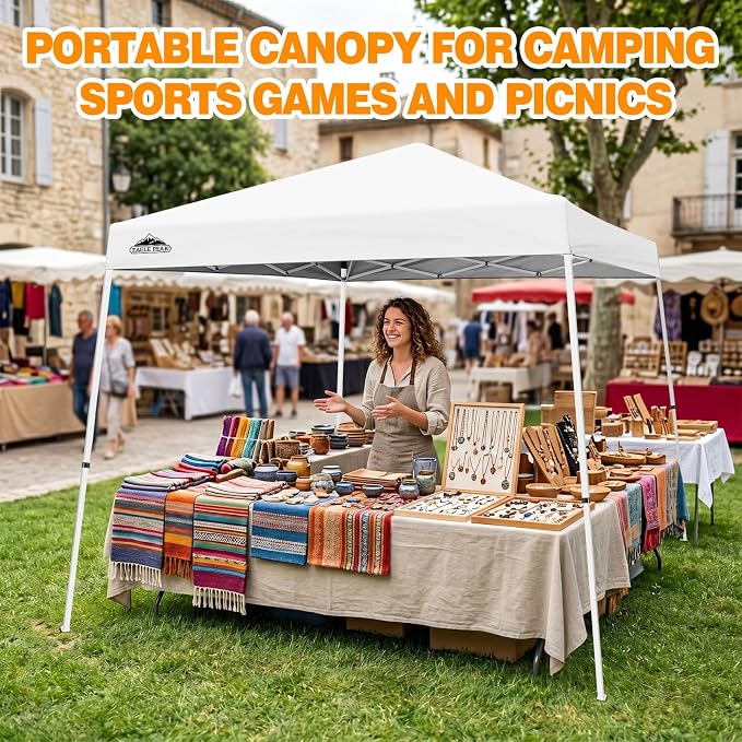 EAGLE PEAK 10x10 Slant Leg Pop-up Canopy Tent Easy One Person Setup Instant Outdoor Beach Canopy Folding Portable Sports Shelter 10x10 Base 8x8 Top (White)