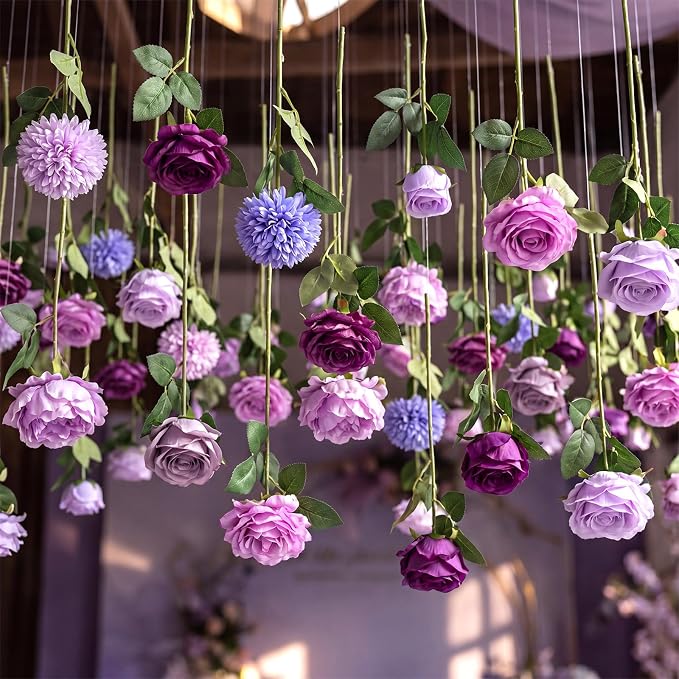 Lyrow 120 Pack Artificial Flower Hanging Flowers Ornament Floating Garland Ceiling Strings for Wedding Anniversary Engagement Marriage Proposal Floral Birthday Party Decor (Rose,Purple)