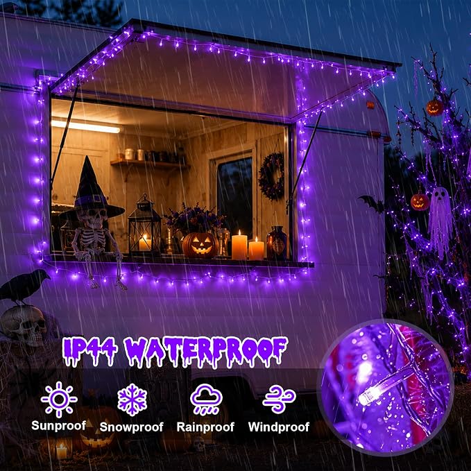 YEGUO Battery Operated String Lights, 2 Pack Each 33ft 100 LED Twinkle Fairy Lights Outdoor Waterproof, 8 Modes Clear Wire Purple Christmas Lights Indoor with Remote
