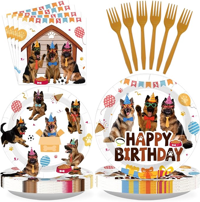 96Pcs German Shepherd Dog Birthday Party Decorations Funny Pet Dog Plates and Napkins Cute Puppy Tableware Set for Boys German Shepherd Theme Birthday Baby Shower Party Supplies Serves 24