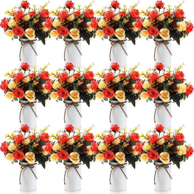 Domensi 12 Sets Wedding Centerpiece for Table Artificial Rose with Vase Fake Bouquets and Metal Pot Flower Arrangements for Bridal Shower Birthday Party Event Table Decor (Orange)