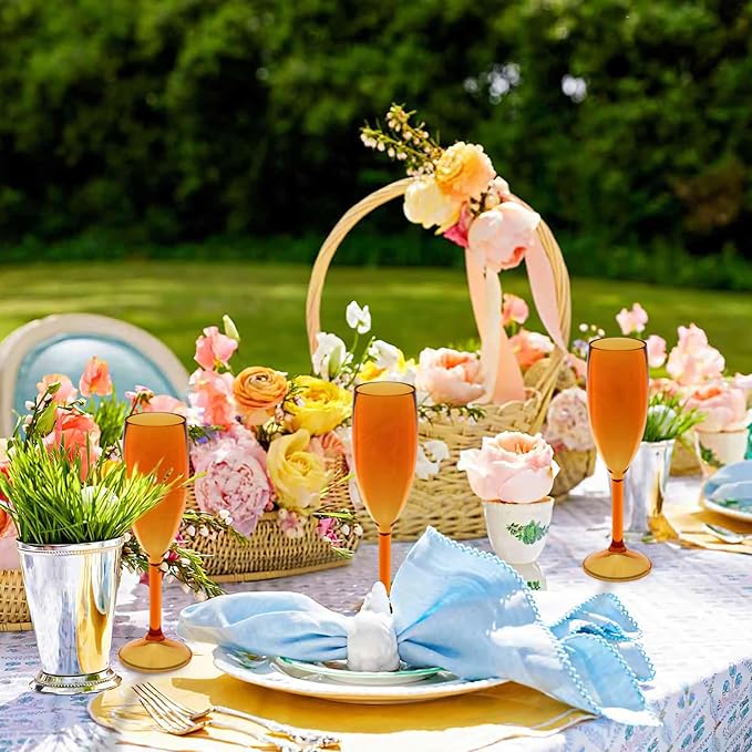 Champagne Flutes 5.4OZ Plastic Champagne Glasses Wine Glasses 24Pcs Plastic Goblets for Parties Mimosa Bar Glasses Stemmed Drinking Cups for Wedding Celebration Christmas Birthday Bride (Amber)