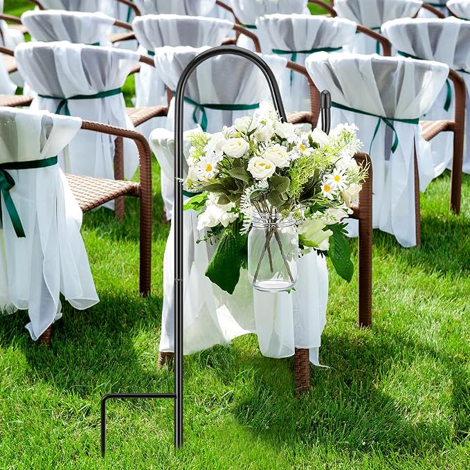 Thiccywoov 8 Sets Wedding Aisle Decoration Include 16 oz Rose Daisy Hanging Mason Jar 32 Shepherds Hooks Rustic Mason Jar with Faux Rose and Daisy for Outdoor Wedding Isle Ceremony Decorations