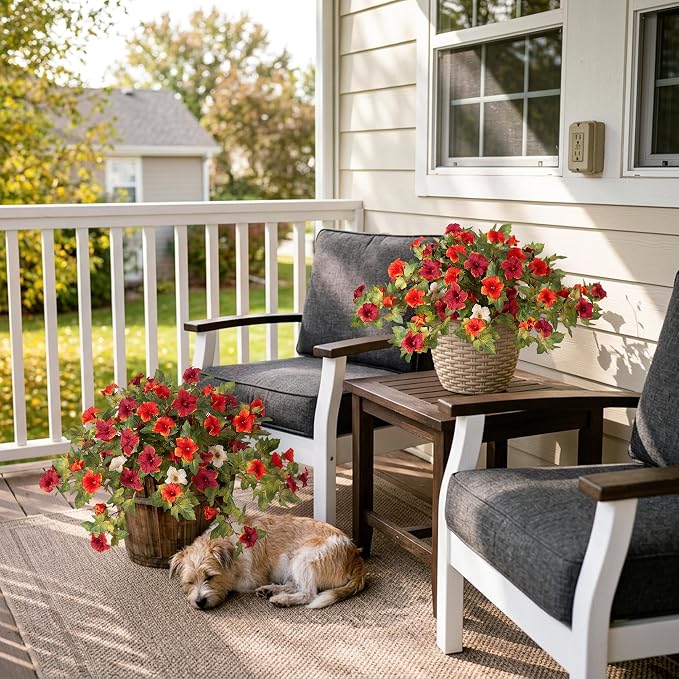 Ammyoo Artificial Fall Flowers Fake Petunias Plants for Outdoor Decoration | 2 Pcs UV Resistant Faux Silk Flowers No Fade Floral for Autumn Garden Balcony Yard Porch Realistic Indoor Decor No watering