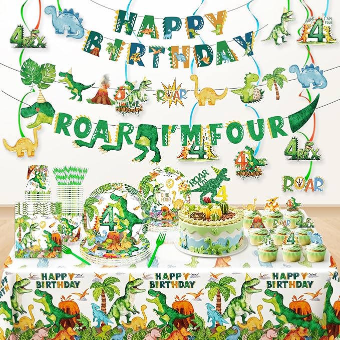 Watercolor Dinosaur 4th Birthday Party Supplies Roar Im 4 Dinosaur Party Plates Cups Napkins Hanging Swirls Banner Tablecloth Straws forks for Boys Dinosaur T-Rex Roar 4th Party Birthday Decorations