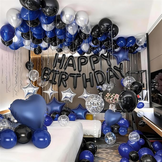 Navy Blue and Black Birthday Decorations for Men Black Pearl Royal Blue Silver Metallic Balloons Confetti Balloon Happy Birthday Banner Heart Balloons 18/10 Inch Star Balloon for Bday Party Supplies