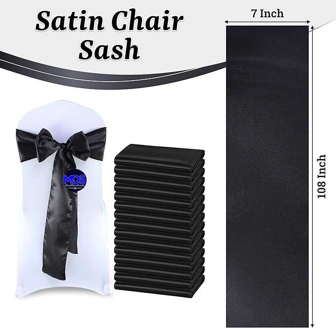 MDS Satin Chair Sashes, 300 Pack, 7”x108” Each, Decorative Chair Bows Ribbon Tie Backs for Wedding Party, Holiday Dinner, Birthday, Reception, Banquet, Hotel & Event Decoration - Black
