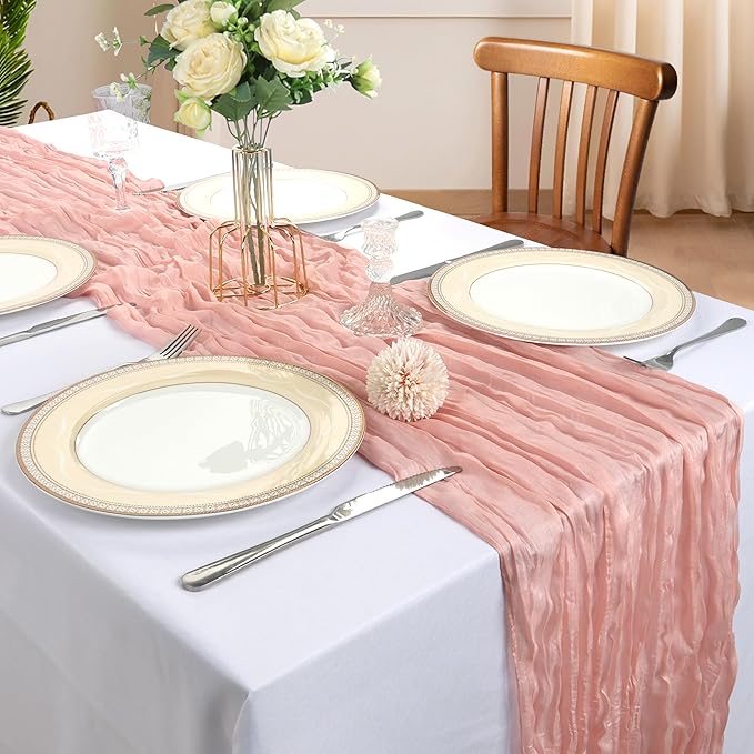 12 Pack 10FT Blush Pink Cheesecloth Table Runner 120 Inch Long Gauze Rustic Boho Spring Cheese Cloth Table Runner Sheer Fabric Decorations for Holiday Party Wedding Banquet Bridal Baby Shower Décor