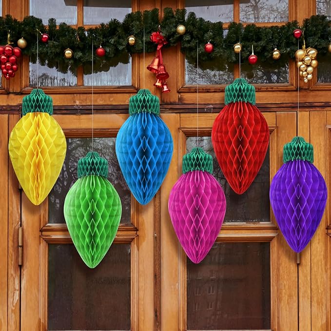 12 Pcs 12'' Jumbo Christmas Lights Honeycomb Hanging Decorations Large 3D Light Bulb Shaped Xmas Assorted Colors Honeycomb Ornament for Christmas Classroom Decorations