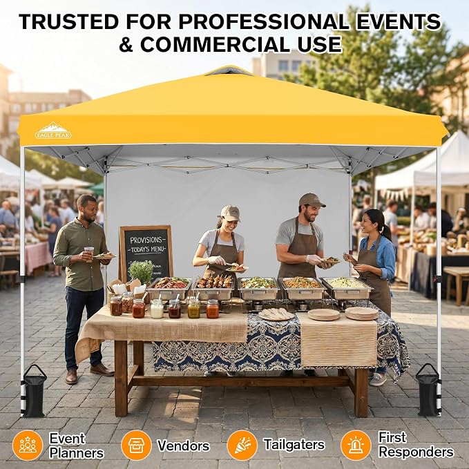 EAGLE PEAK Commercial Canopy 10x10 Pop Up Canopy Tent with 1 Sidewall, Easy Setup Heavy Duty Instant Event Shelter for Vendors & Markets, Outdoor Sun Shade, Yellow