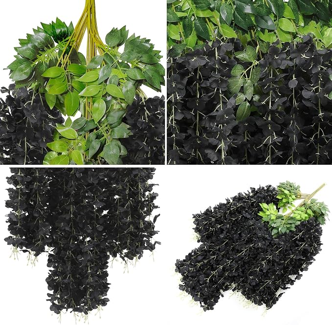 U'Artlines 24 Pack (Total 86.4 Feet) Artificial Fake Wisteria Vine Rattan Hanging Garland Silk Flowers String Home Party Wedding Decor (24, Black)