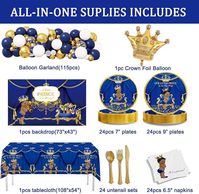 262PCS Royal Prince Baby Shower Decorations, Little Prince Party Supplies, Royal Blue Prince Disposable Dinnerware Set (24 Guest) with Napkins, Backdrop, Balloon Garland Kit, Tablecloth