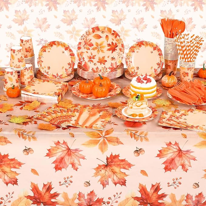Funnymoom 452 Pcs Thanksgiving Fall Party Decorations, Maple Leaves Thanksgiving Paper Plates Napkins Cups Tablecloth Cutlery Straws for Autumn Fall Theme Birthday Holiday Party Supplies, Serves 50