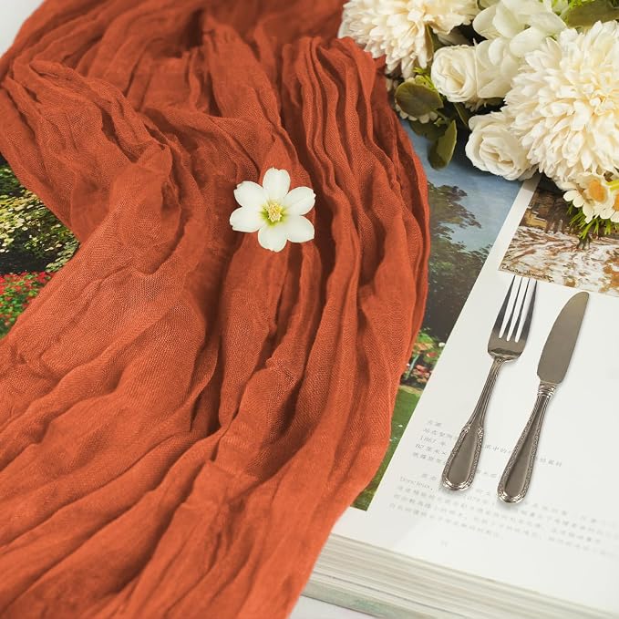 16 Pack Cheesecloth Table Runners 20" x 120", Boho Gauze Table Decor for Wedding, Bridal Shower, Birthday Party, Long Romantic Runner(Terracotta)