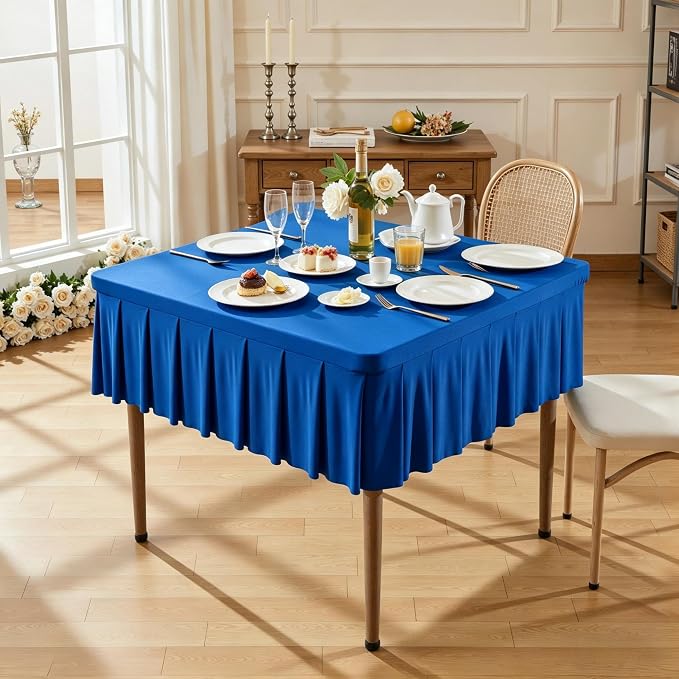 Wish Care Royal Blue Spandex Tablecloths for 34x34 Inch Square Tables, Stretch Fitted Table Clothes with Pleated Ruffle Skirt for 34” Table, Wrinkle Free and Elastic, for Party Kitchen Home Dining