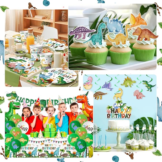 Dinosaur Birthday Decorations, 199Pcs Dinosaur Party Decorations Tableware Set Include Dinosaur Plates,Napkins,Cups,Balloon,Banner,Hanging Swirl,Cake Toppers,Tablecloth for Boy Dino Party Supplies