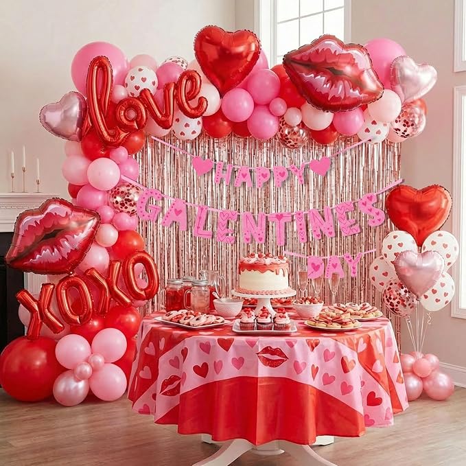 Valentines Day balloon garland arch kit with Banner red Hot pink and love lip heart XOXO balloons for Valentines galentines Day Proposal decorations Hotel Room Surprise