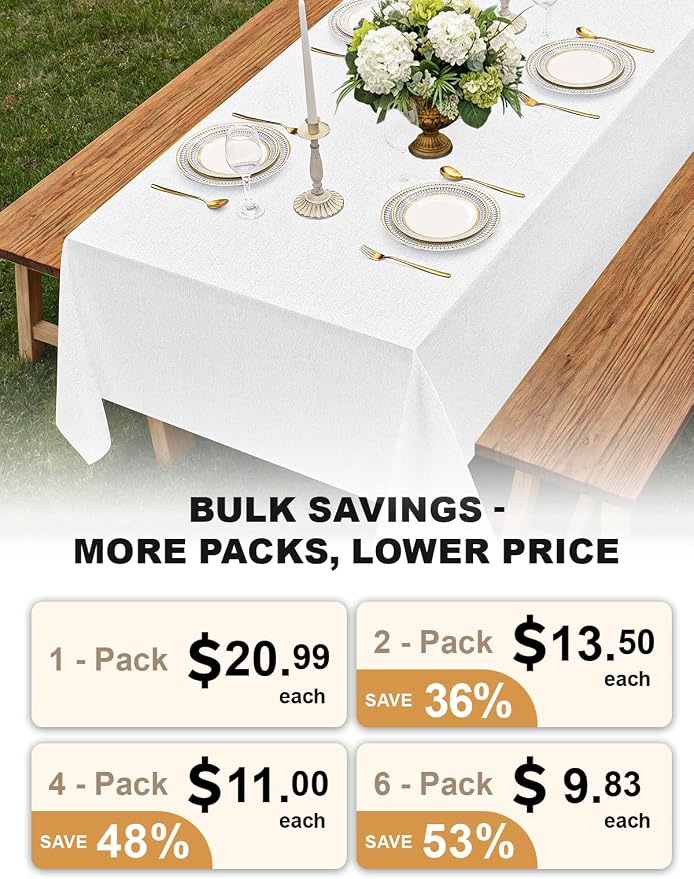 Decorelia White Reusable Table Cloths for 6 Ft Rectangle Table-2 Pack, Waterproof Washable Polyester Rustic Rectangular Table Cloth Cover for Wedding,Outdoor,Events, Party,Banquet, Dining, 60x102 Inch