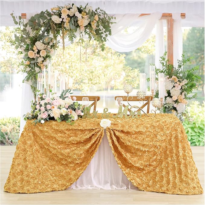 Fanqisi Rosette Tablecloth 50x102 Inches Gold Rectangle 3D Floral Satin Raised Tablecloth for Birthday Baby Shower Wedding Party Cake Table Decor