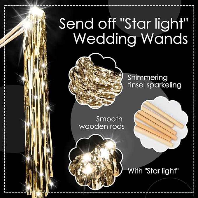 Simgoing 100 Pcs Lighted Wedding Wands LED Tinsel Wands Light up Streamers Sparklers for Wedding Send Off and Exits Birthday Party Props Favors(Champagne)