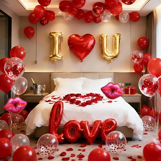 32 Inch I Love You Balloons Red Gold Balloon with Heart Shaped, lips, Love Foil Balloons and 1000 Pieces Rose Petals for Anniversary Valentine's Day Proposals Decorations