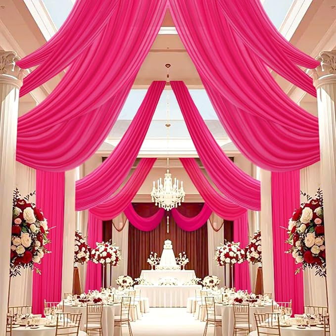 DUOBAO Elegant 20ft Hot Pink Chiffon Wedding Curtains - 6 Panels Sheer Drapes for Stage, Tent, and Photo Backdrops