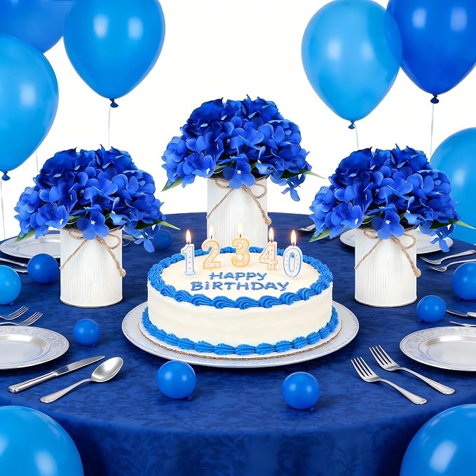 Flower Table Centerpieces - Set of 6 Floral Arrangement Artificial Wedding Hydrangeas Floral Arrangement with Rustic Metal Vase for Bridal Tea Party Event Decorations - Royal Blue