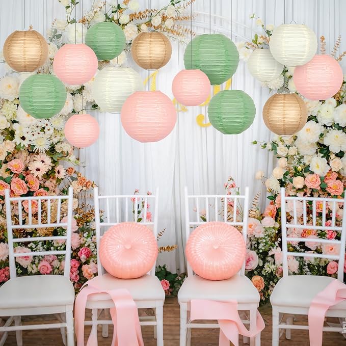 ADLKGG Paper Lanterns Party Decorative, Hanging Paper Lanterns for Sage Green Wedding Valentines Day Decorations Bridal Shower Birthday Neutral Baby Shower Decor Sage Green/Pink/Brown 21pcs