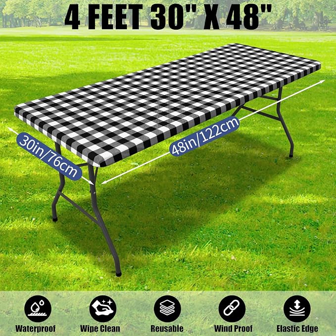 Smiry Picnic Table Cloth 6 Pack, Waterproof Elastic Fitted Tablecloths for 4FT Rectangle Tables, Washable Polyester Buffalo Plaid Tablecloth for Camping, Dining & Outdoor (Black & White, 30" x 48")