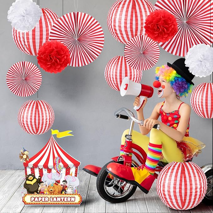 Hortsun 16 Pcs Carnival Circus Party Decorations Red and White Stripes Paper Lanterns Fans Paper Flowers for Carnival Circus Birthday Baby Shower Christmas Halloween Decoration 8/12/16 Inch