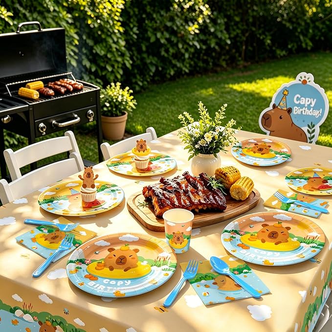 180pcs Summer Capybara Party Supplies Plates Tableware Set Include Plates, Napkins, Cups, Cutlery, Balloon, Banner, Cake Topper, Hanging Swirl, Tablecloth, Capybara Birthday Decorations Serve 20