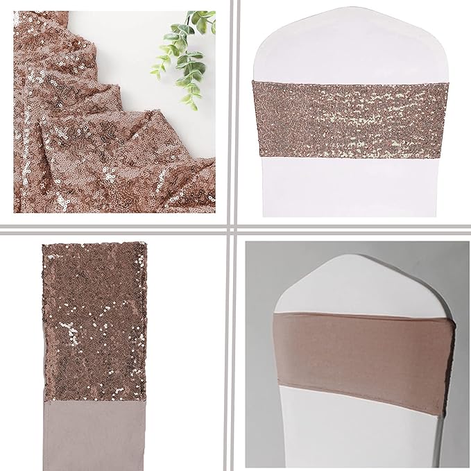 Pack of 50 Stretch Sequin Chair Sashes Chair Bands One-Sided Sequins Decor for Hotel Wedding Reception Events Party Chair Cover Decoration (Brown)