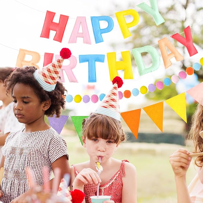 CANREVEL Pre-Strung 3D Rainbow Happy Birthday Banner, 3 PCS Happy Birthday Felt Sign, Pom Pom Garland, Triangle Fabric Bunting, Colorful Reusable Birthday Decorations for Women Men Girls Boys, Pink