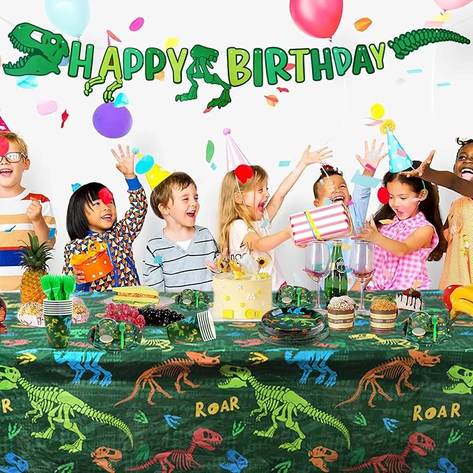 352pcs Dinosaur Birthday Party Decorations For Boys, Dinosaur Themes Birthday Party Supplies Serve 50 with Disposable Plates,Napkins,Cups,Cutlery Set, ,Tablecloth