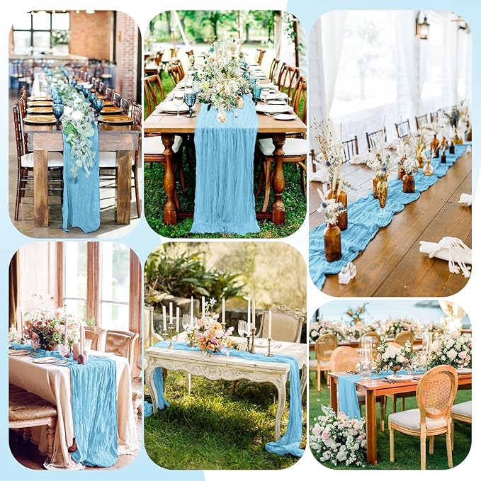 12 Pack Light Blue Cheesecloth Table Runner, 10FT Long Romantic Semi Sheer Cheesecloth Rustic Boho Table Runner for Wedding Birthday Bridal Shower Party Decorations(21.5×120 Inch)