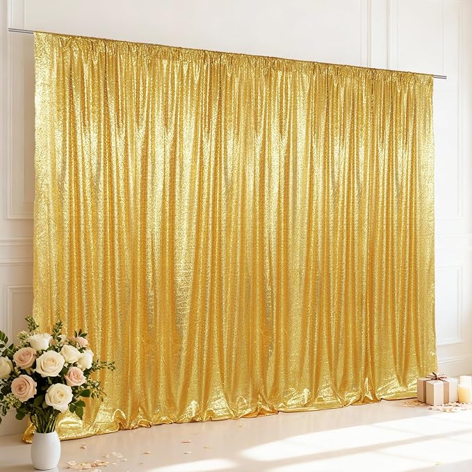 SquarePie 20x10ft Gold Sequin Backdrop for Photography, Satin-Backed Real Sequin Curtain, Enhanced Coverage Shimmering Background with 4" Rod Pocket for Wedding, Birthday, Party Decor, 1 Panel