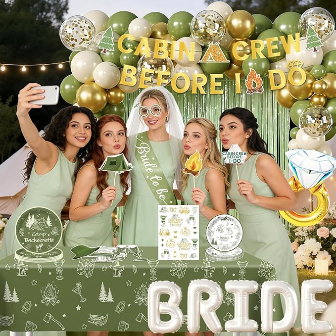 cocomigo 244 PCS Camp Bachelorette Decorations, Hassle-Free One-Stop Set for 25 Guests, With Balloon, Banner, Photo Props, Tattoos, Plates and Napkins, Easy Setup for Camp Bachelorette Party