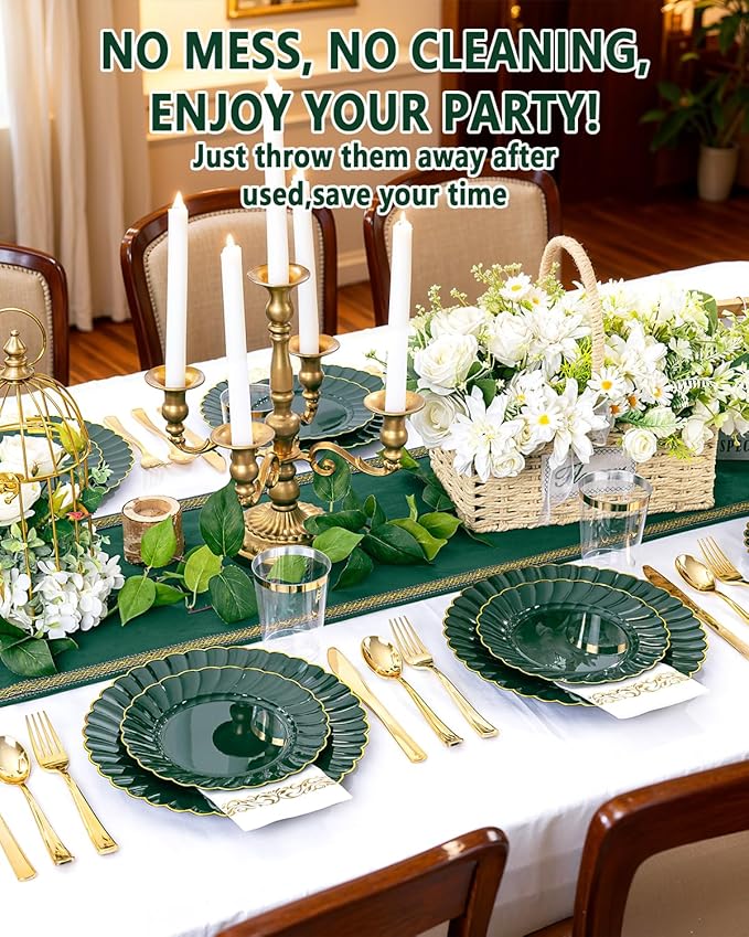YOUBET 175PCS Green Scalloped Plastic Plates - Green and Gold Disposable Dinnerware Set Include 50 Plates, 75 Gold Silverware, 25 Cups, 25 Napkins for Party & Wedding