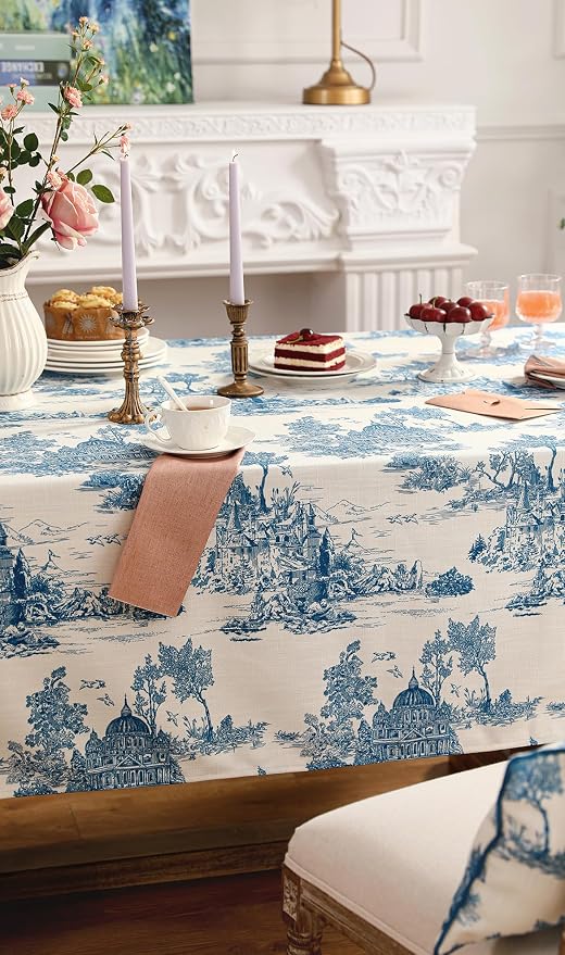 patdrea Elegant French Linen Tablecloth,Rectangular,87"x55"-Lucerne A | Vintage Elegant Table Cloth for Rectangle Table,Blue and White Chinoiserie Print,for Dining Room Tea Party Thanksgiving